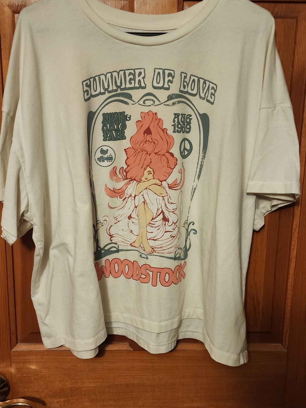 GAP Cream Woodstock "Summer of Love" Graphic Tee with Coral & Sage Print